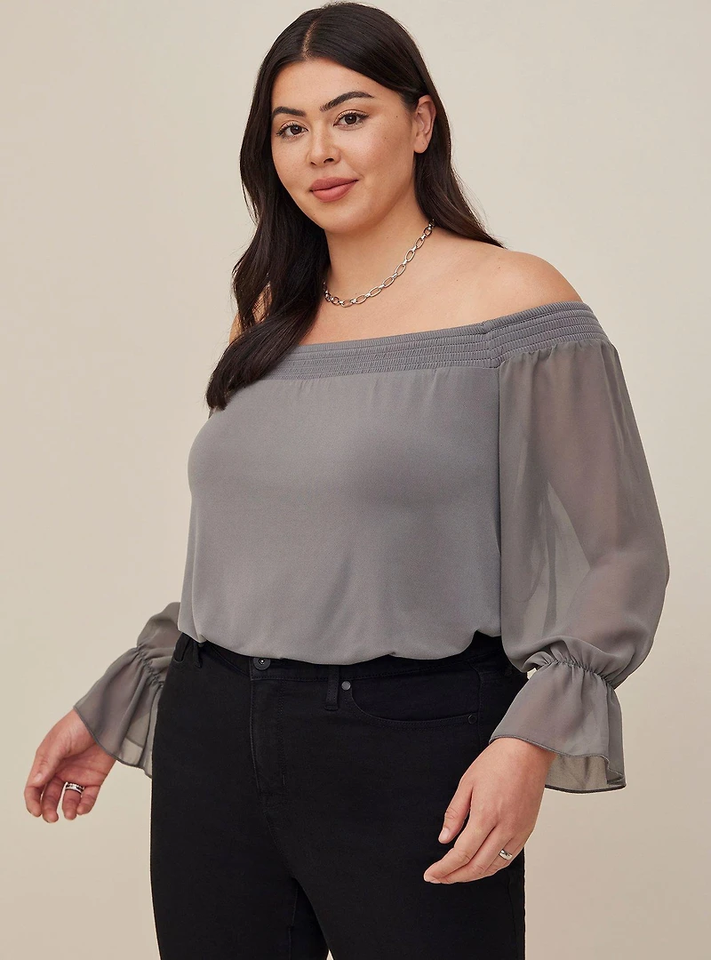 Studio Knit Off-Shoulder Smocked With Chiffon Sleeves Swing Top