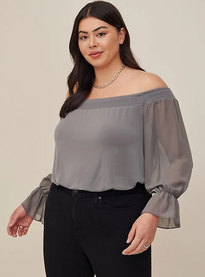 Studio Knit Off-Shoulder Smocked With Chiffon Sleeves Swing Top