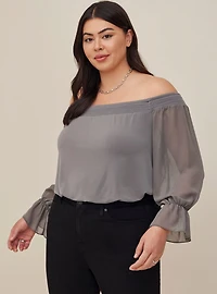 Studio Knit Off-Shoulder Smocked With Chiffon Sleeves Swing Top