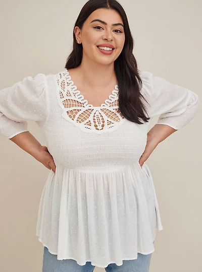 Babydoll Clip Dot Gauze With Crochet Detail Top