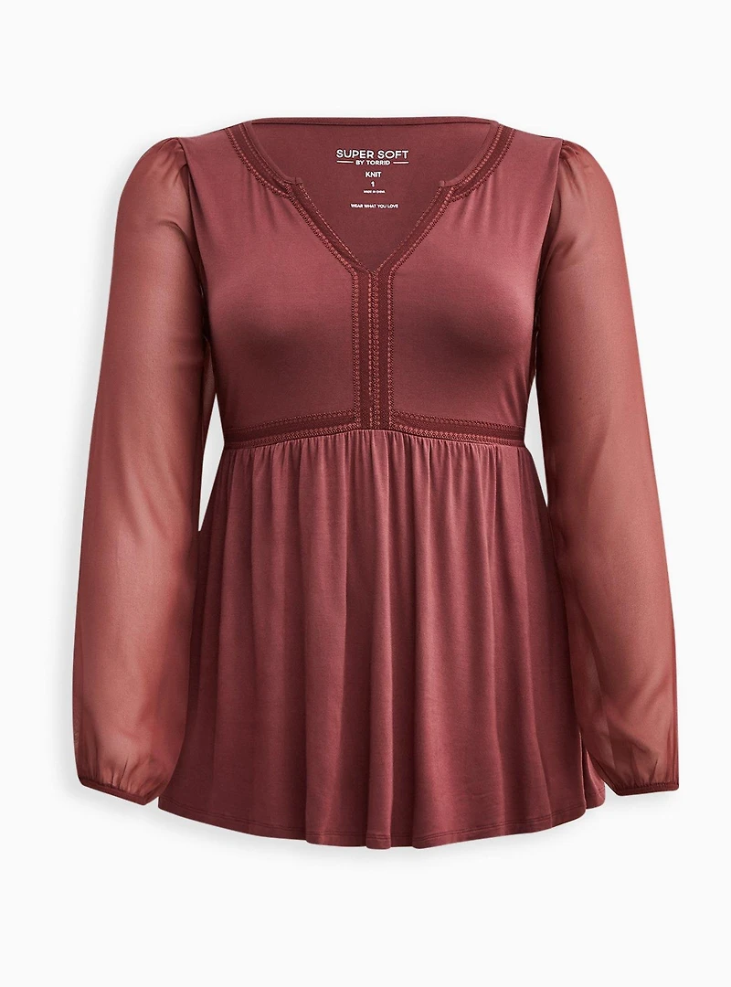 Babydoll Fabric Mix Super Soft Balloon Chiffon Sleeve Top
