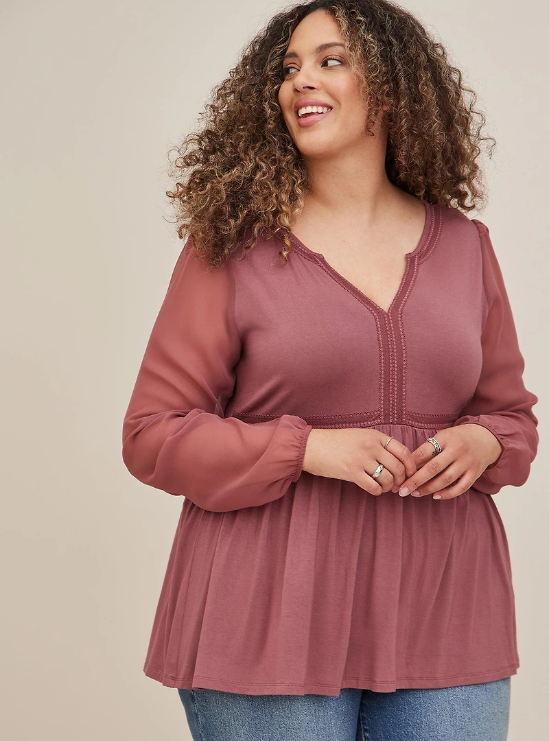 Babydoll Fabric Mix Super Soft Balloon Chiffon Sleeve Top