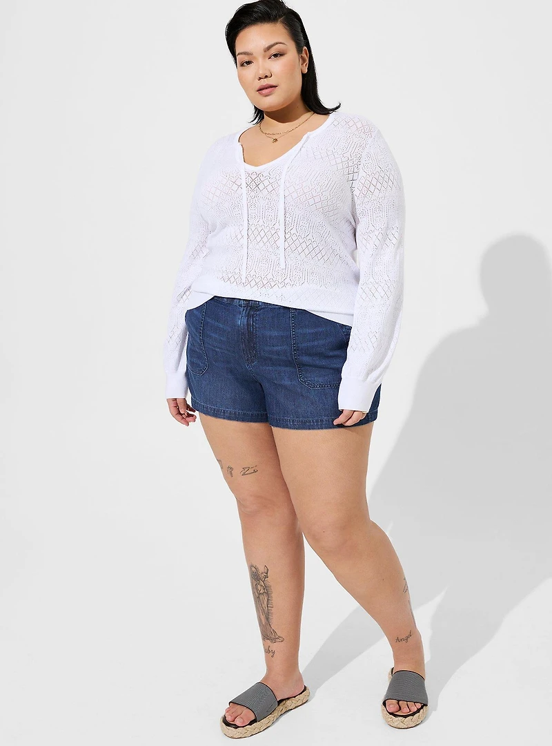 Tie Neck Pullover Sweater - Pointelle Beige