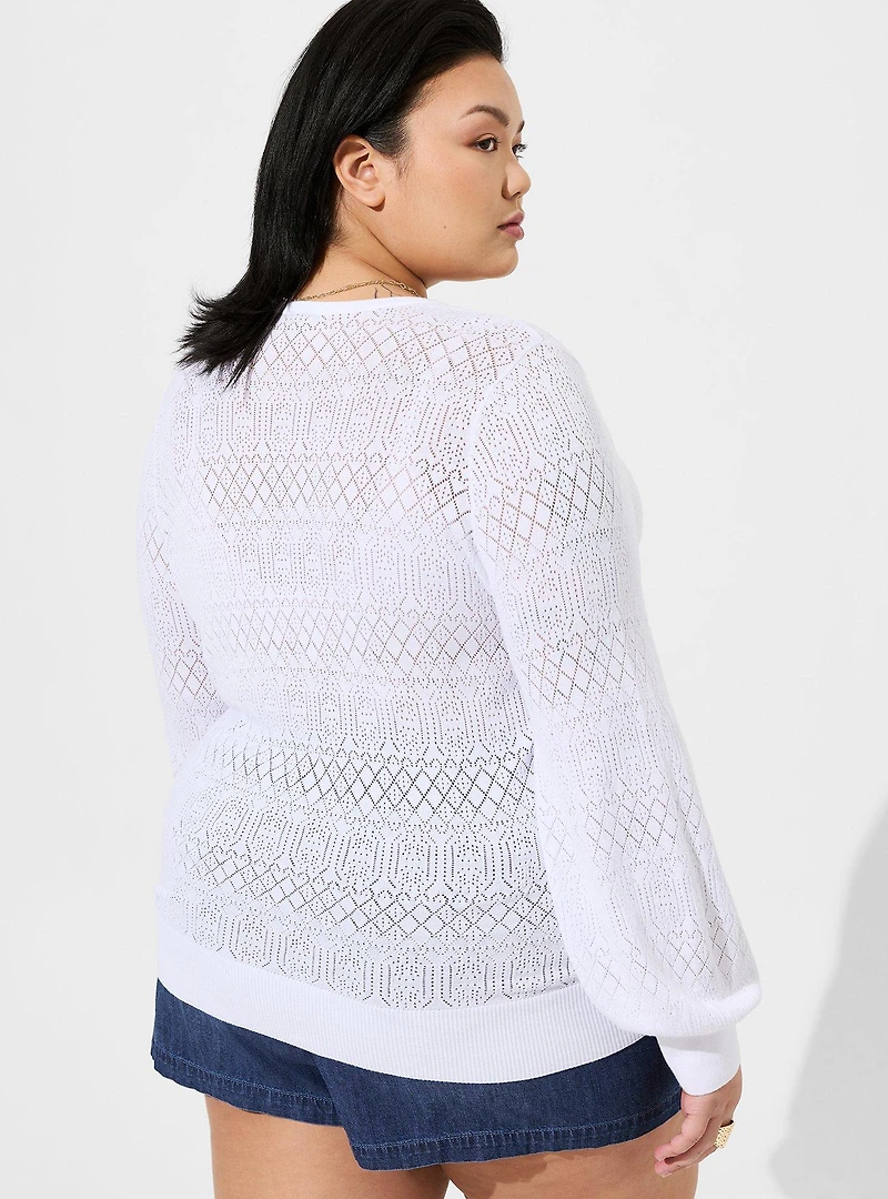 Tie Neck Pullover Sweater  - Pointelle Beige