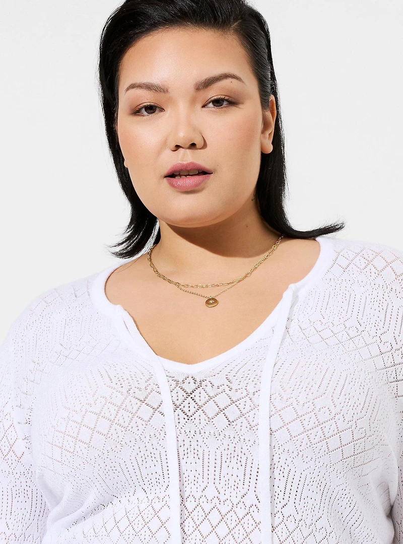 Tie Neck Pullover Sweater  - Pointelle Beige