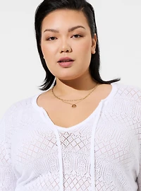 Tie Neck Pullover Sweater  - Pointelle Beige