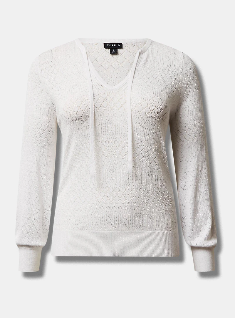 Tie Neck Pullover Sweater  - Pointelle Beige