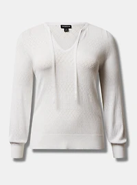 Tie Neck Pullover Sweater  - Pointelle Beige
