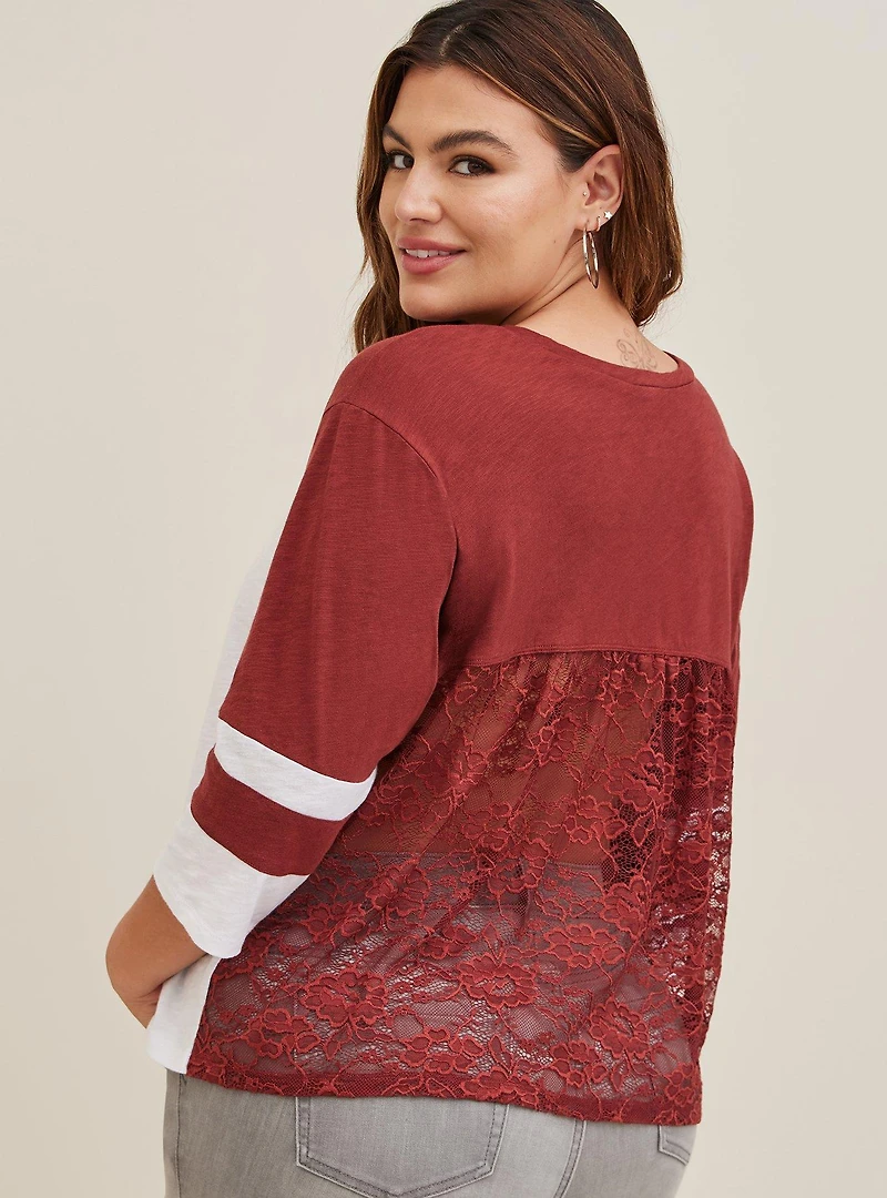 Cotton Jersey Lace Back Colorblock Varsity Stripe Tee