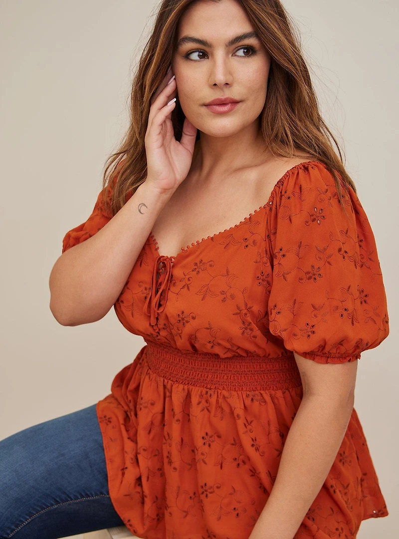 Georgette Eyelet Smocked Waist Puff Sleeve Top