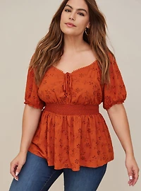 Georgette Eyelet Smocked Waist Puff Sleeve Top