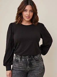 Super Soft Slub Crew Neck Puff Sleeve Long Top