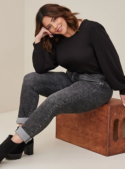 Super Soft Slub Crew Neck Puff Sleeve Long Top