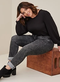 Super Soft Slub Crew Neck Puff Sleeve Long Top