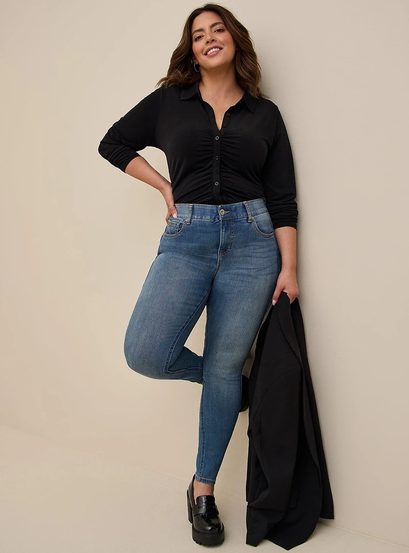 Studio Knit Shirred Front Button-Front Shirt