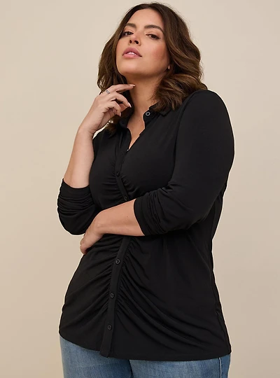 Studio Knit Shirred Front Button-Front Shirt