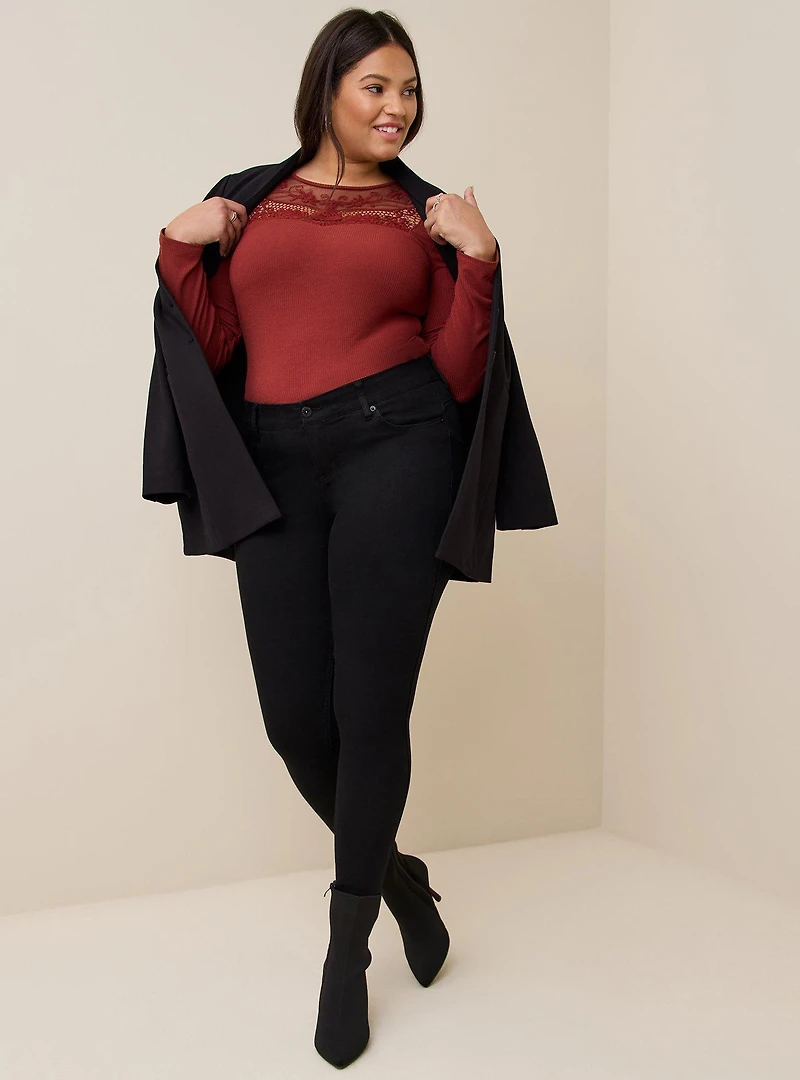 Knit Rib Crochet Neck Long Sleeve Top