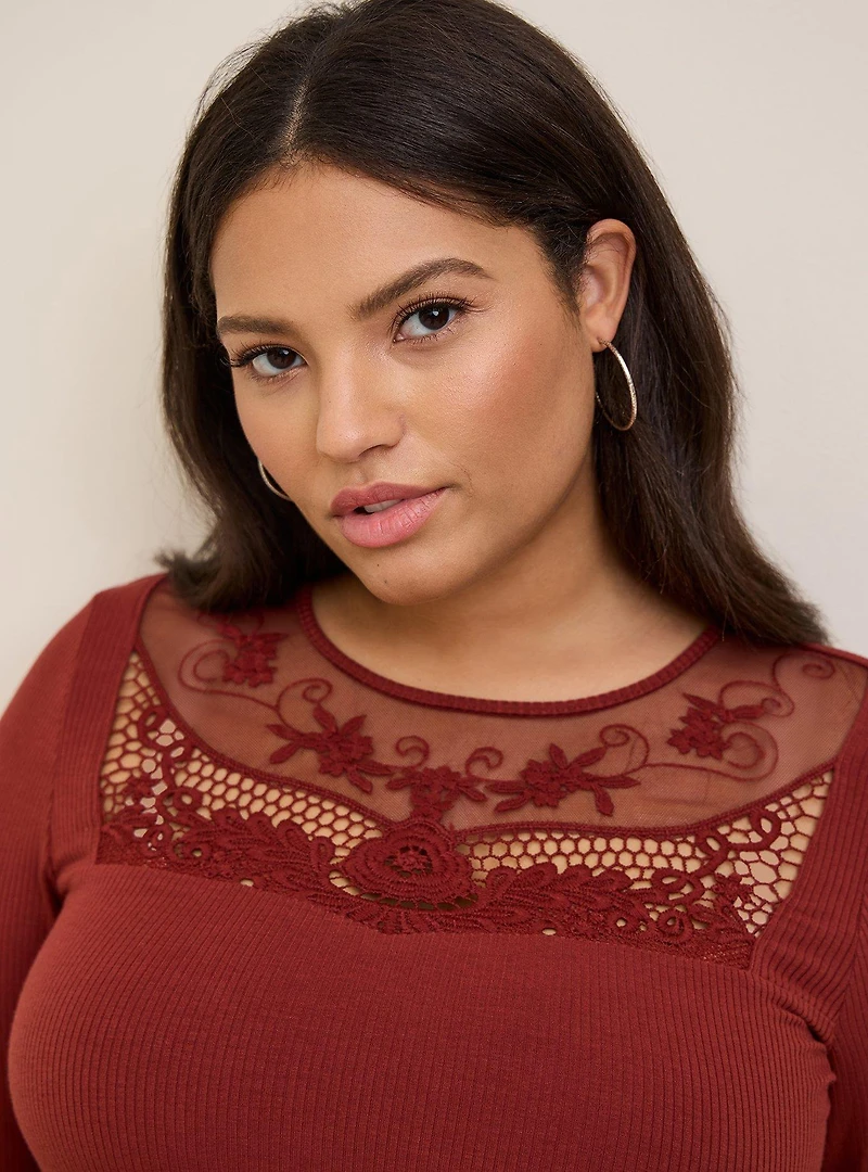 Knit Rib Crochet Neck Long Sleeve Top