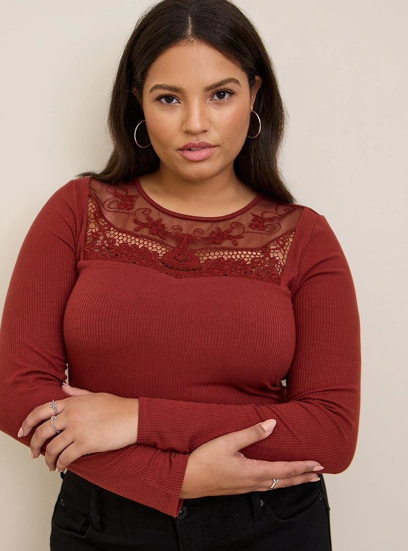 Knit Rib Crochet Neck Long Sleeve Top