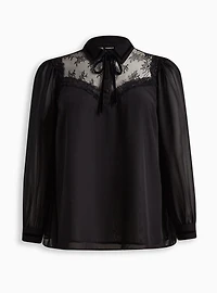 Chiffon Velvet Trim Bow Tie Blouse