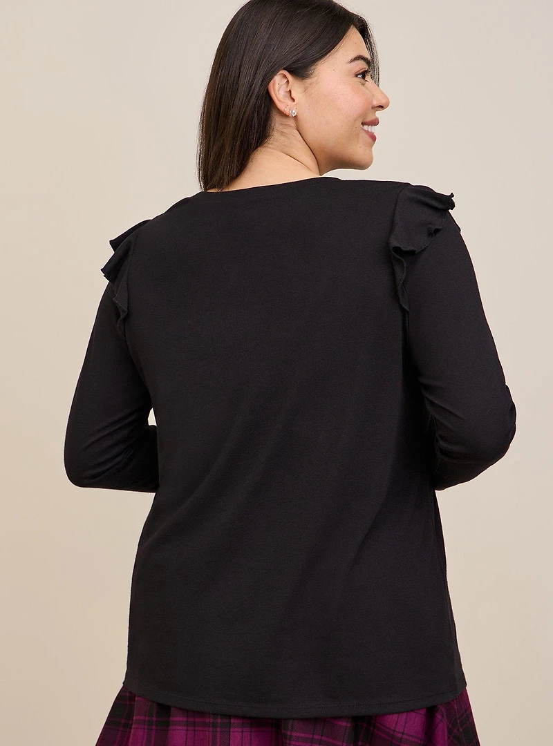 Classic Fit Signature Jersey Crew Neck Ruffle Shoulder Tee