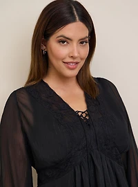 Babydoll Crinkle Lurex Chiffon Crochet Lace-Up Top