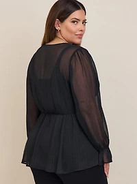 Babydoll Crinkle Lurex Chiffon Crochet Lace-Up Top