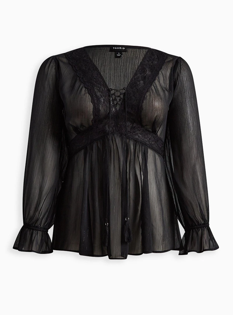 Babydoll Crinkle Lurex Chiffon Crochet Lace-Up Top