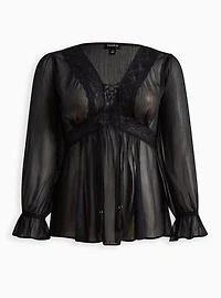 Babydoll Crinkle Lurex Chiffon Crochet Lace-Up Top