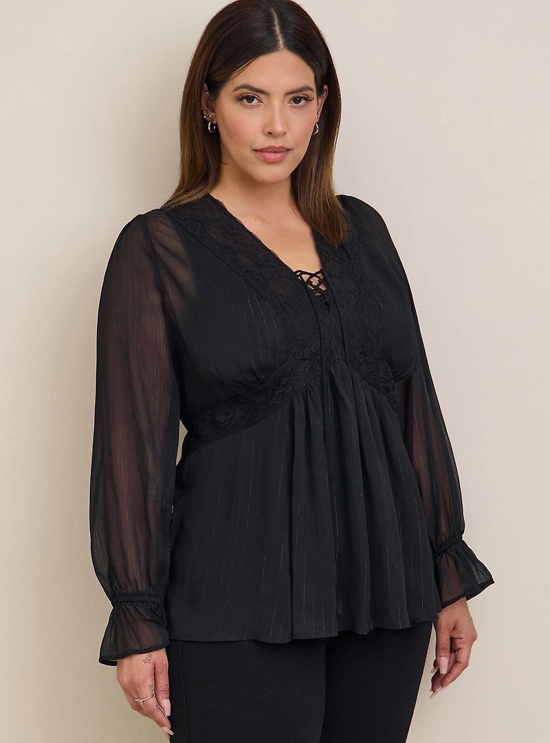 Babydoll Crinkle Lurex Chiffon Crochet Lace-Up Top