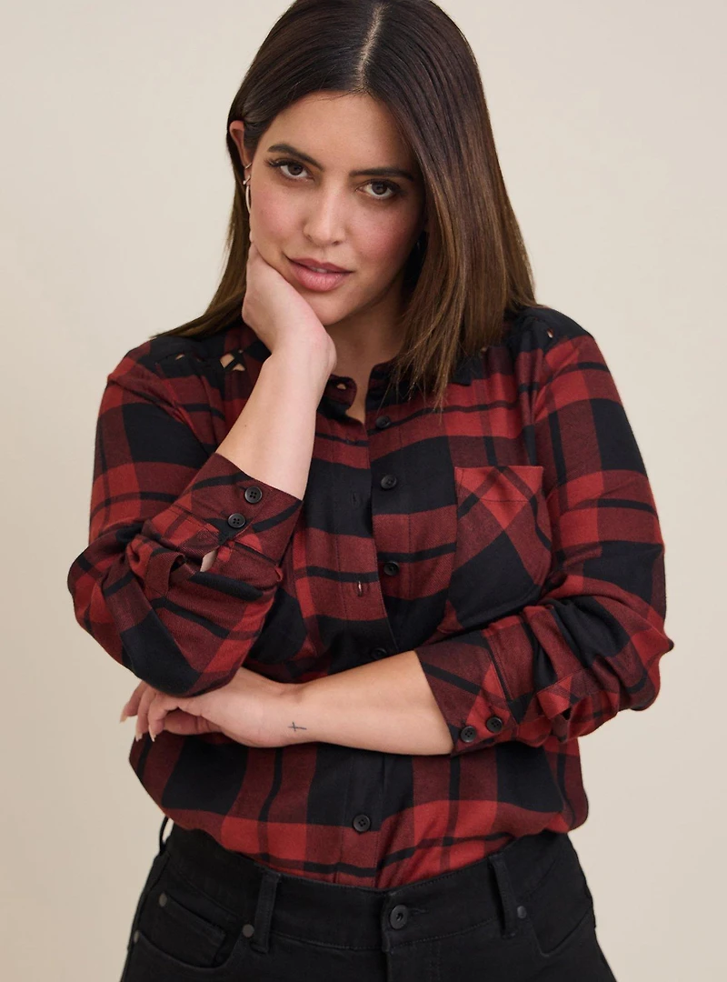 Brushed Rayon Acrylic Laced Button-Up Tunic Shirt