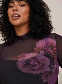 Floral Classic Fit Mesh Turtleneck Long Sleeve Tee