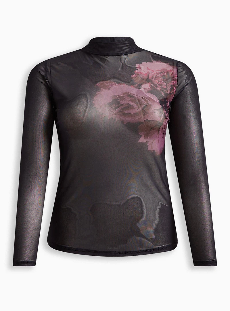Floral Classic Fit Mesh Turtleneck Long Sleeve Tee