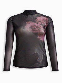 Floral Classic Fit Mesh Turtleneck Long Sleeve Tee