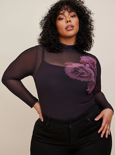 Floral Classic Fit Mesh Turtleneck Long Sleeve Tee