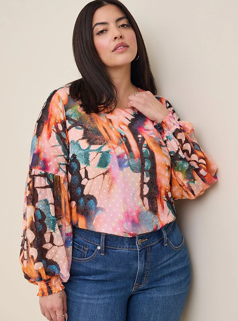 Chiffon Clip Dot Blouson Sleeve Blouse