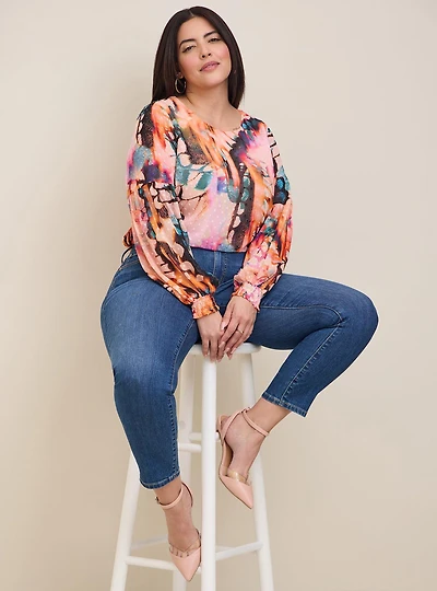 Chiffon Clip Dot Blouson Sleeve Blouse
