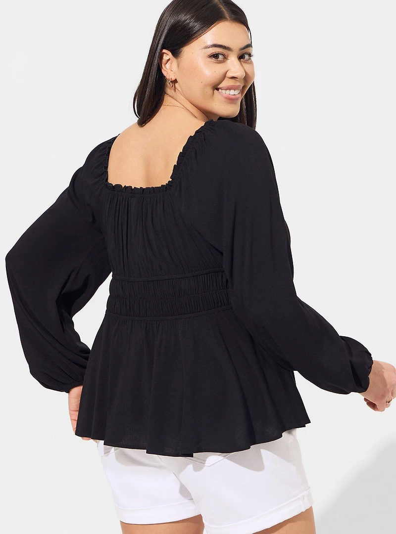 Rayon Slub Waist Detail Blouson Sleeve Top