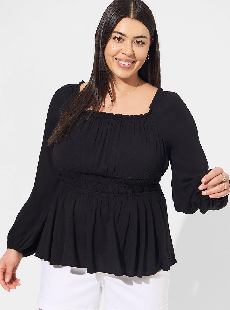 Rayon Slub Waist Detail Blouson Sleeve Top
