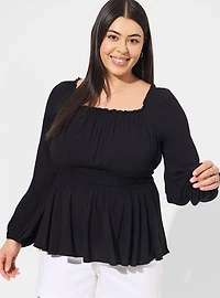 Rayon Slub Waist Detail Blouson Sleeve Top