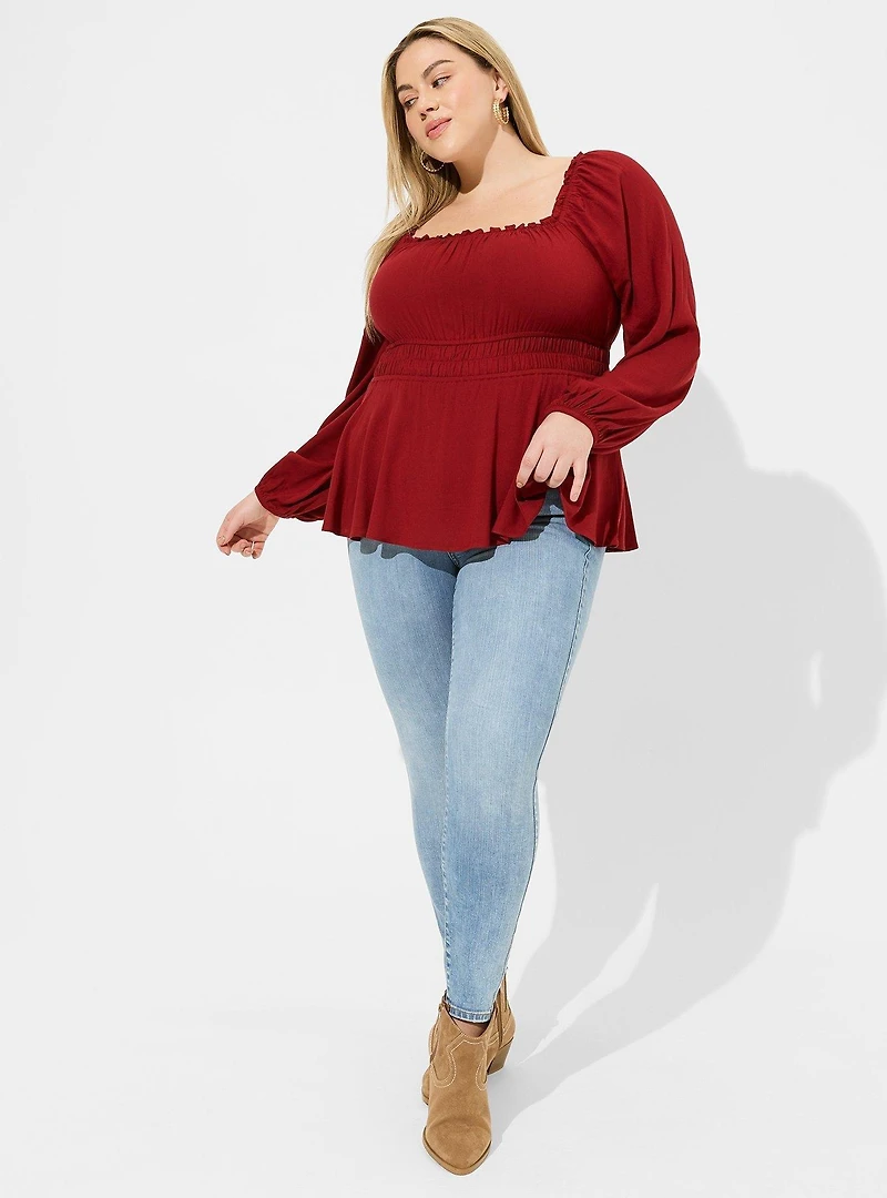 Rayon Slub Waist Detail Blouson Sleeve Top