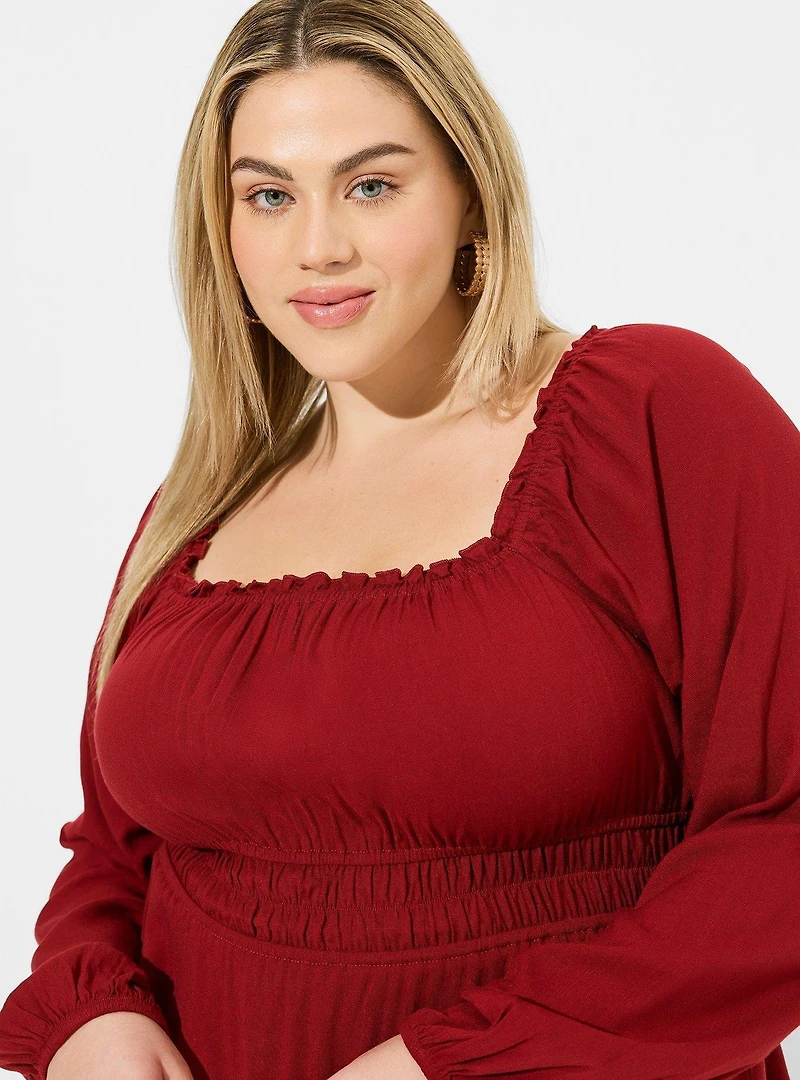 Rayon Slub Waist Detail Blouson Sleeve Top