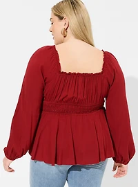 Rayon Slub Waist Detail Blouson Sleeve Top