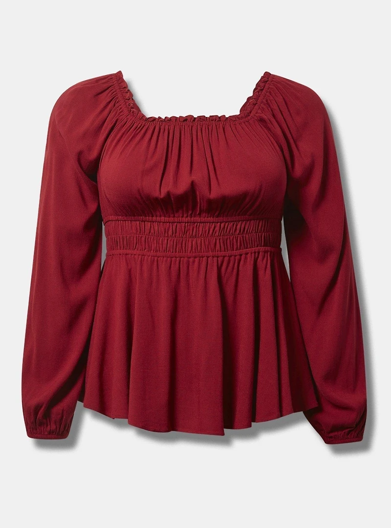 Rayon Slub Waist Detail Blouson Sleeve Top