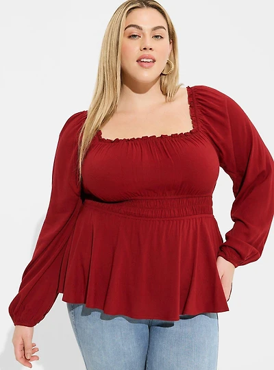 Rayon Slub Waist Detail Blouson Sleeve Top