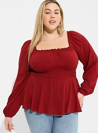 Rayon Slub Waist Detail Blouson Sleeve Top