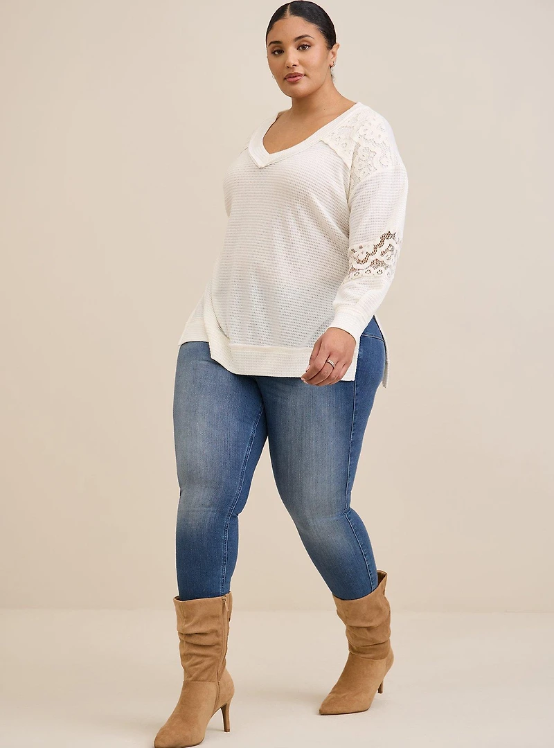 Waffle V-Neck Lace Inset Sweatshirt