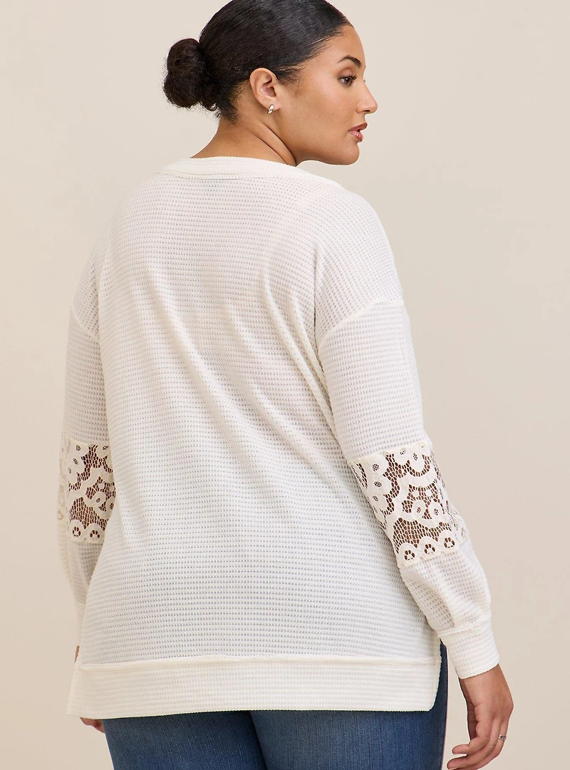 Waffle V-Neck Lace Inset Sweatshirt