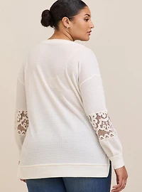 Waffle V-Neck Lace Inset Sweatshirt