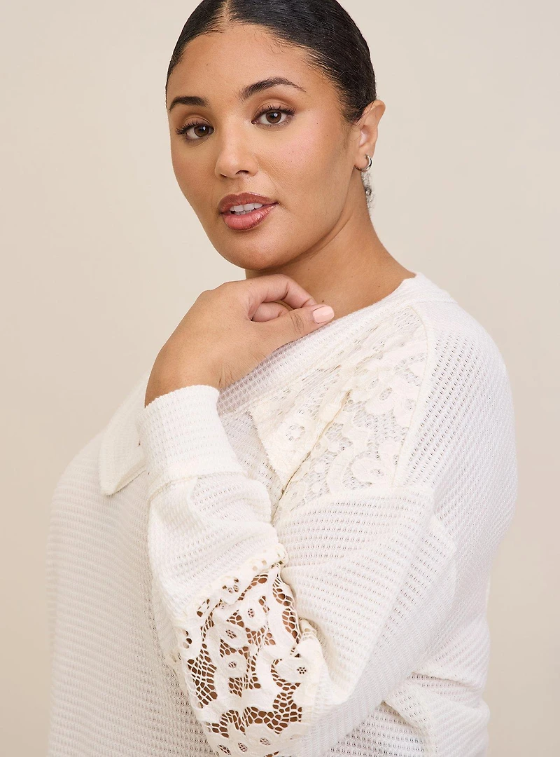 Waffle V-Neck Lace Inset Sweatshirt